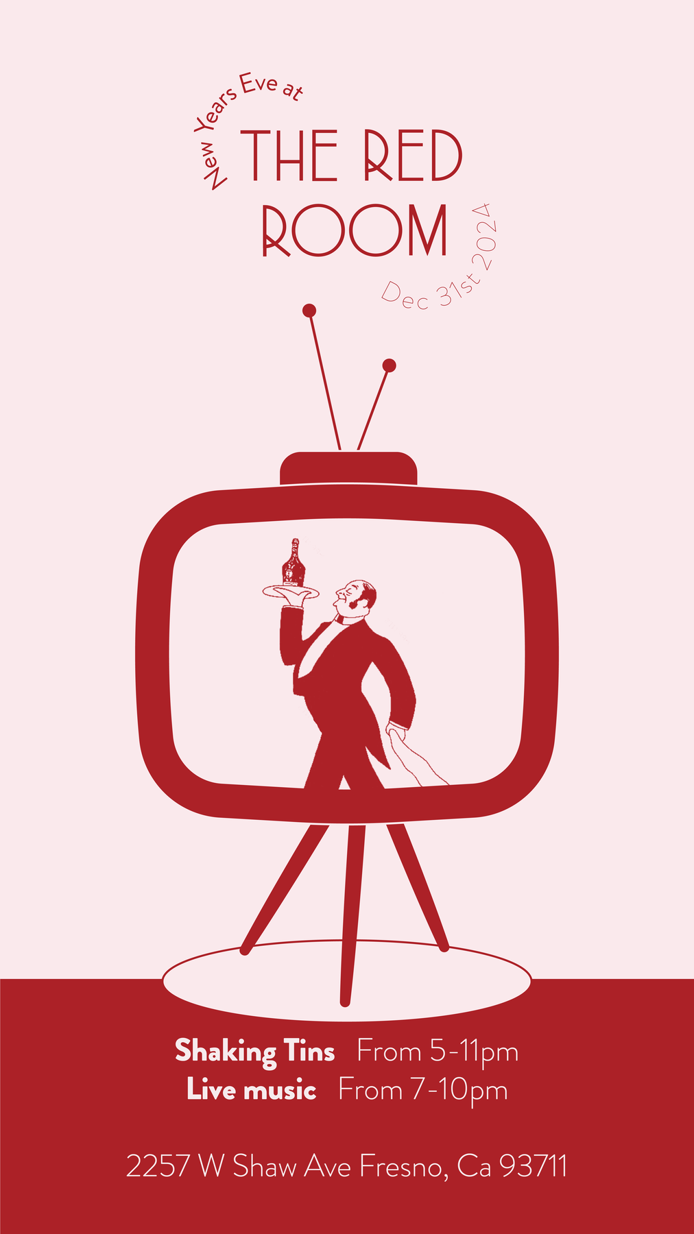 New Years Eve at The Red Room flyer with retro console TV and dapper tuxedo waiter balancing champagne bottle on a silver platter